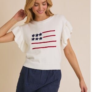 GILLI “ CANTERBURY” GILLI ROUND NECK RUFFLE SLEEVE USA FLAG SWEATER TOP 84